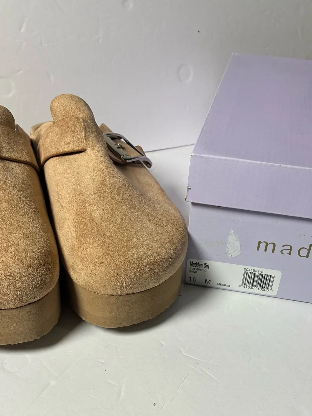 Madden Girl Tan Suede Slip-On Clogs with Silver Buckles